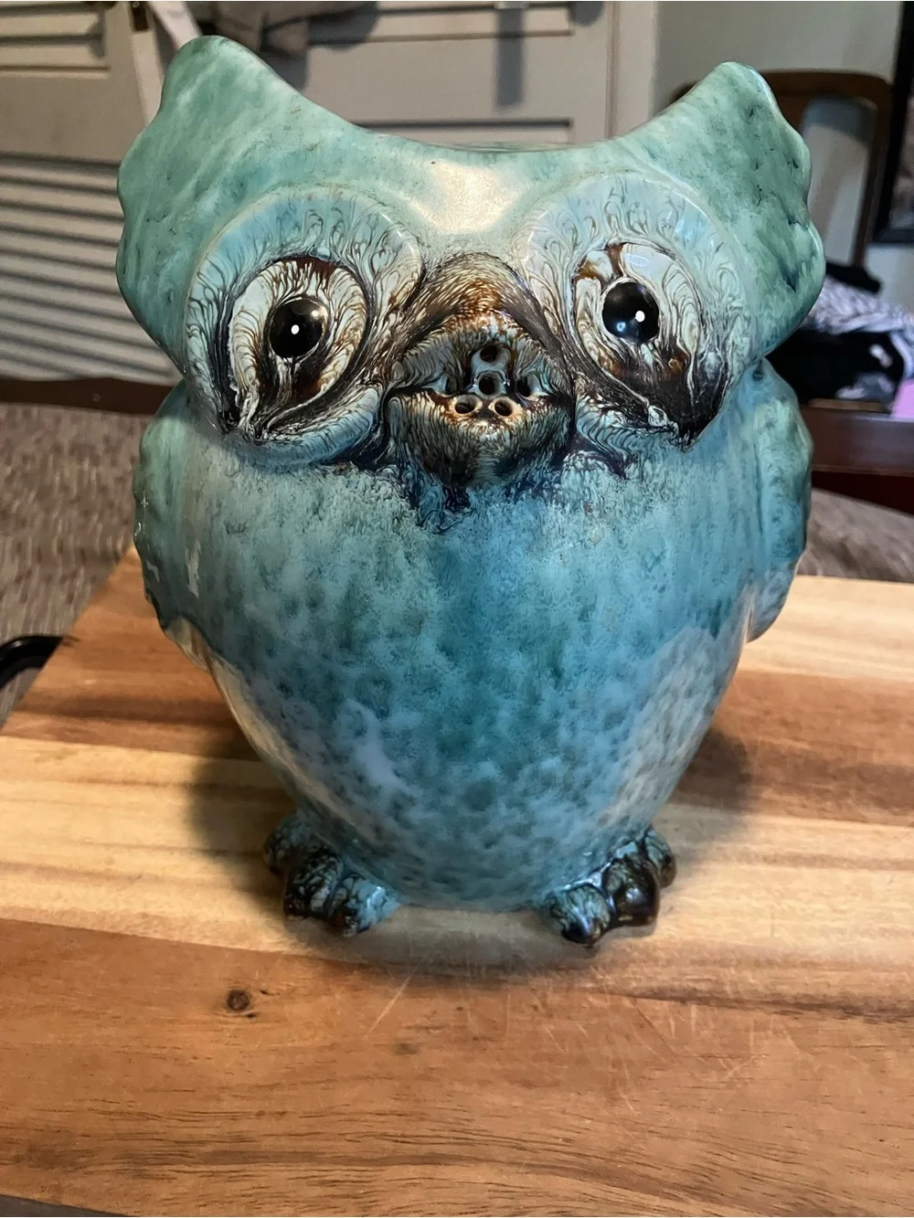 Vintage Handcrafted Turquoise Glazed Ceramic Owl Pitcher